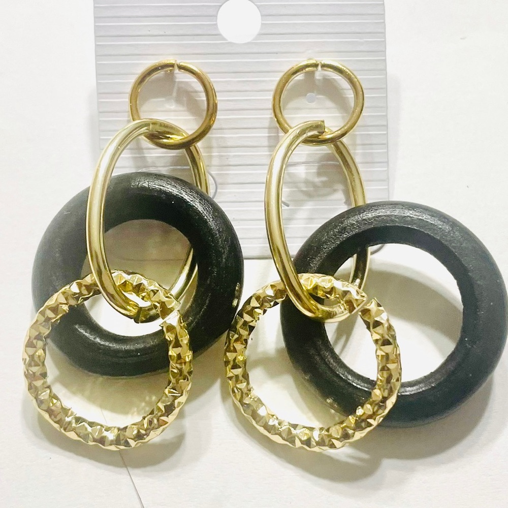 Multi-Shape Colorful Wooden with Gold-Tone Dangle Earrings, Push Back Closure - Picture 9 of 13